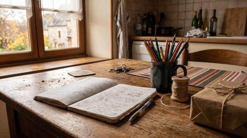 Carnet ouvert, crayon de couleur et rouleau de ficelle sur une table de cuisine en fin d'après-midi