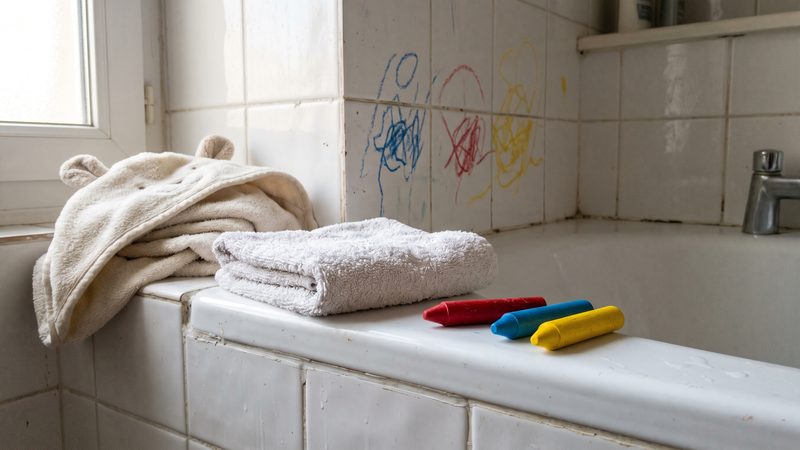 Rebord de baignoire avec un gant de toilette plié, une serviette éponge et trois craies de bain de couleur