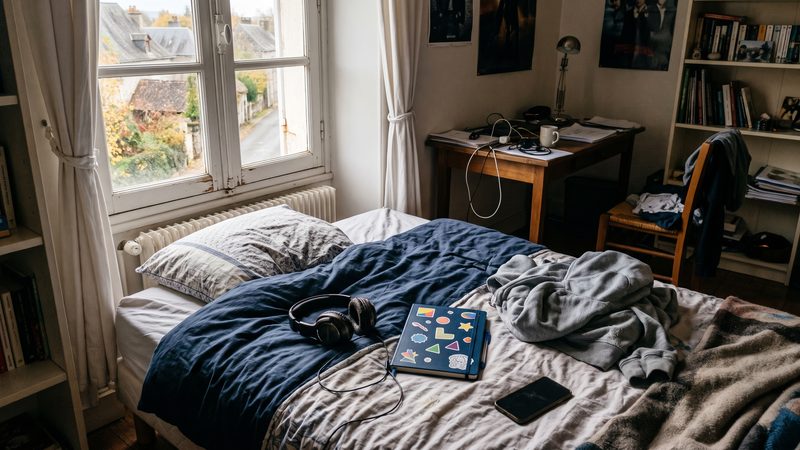 Casque audio, carnet et sweat plié sur un lit défait près d'une fenêtre