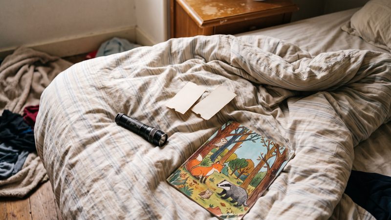 Deux billets d'entrée, une lampe de poche et un magazine pour enfants posés sur une couette froissée