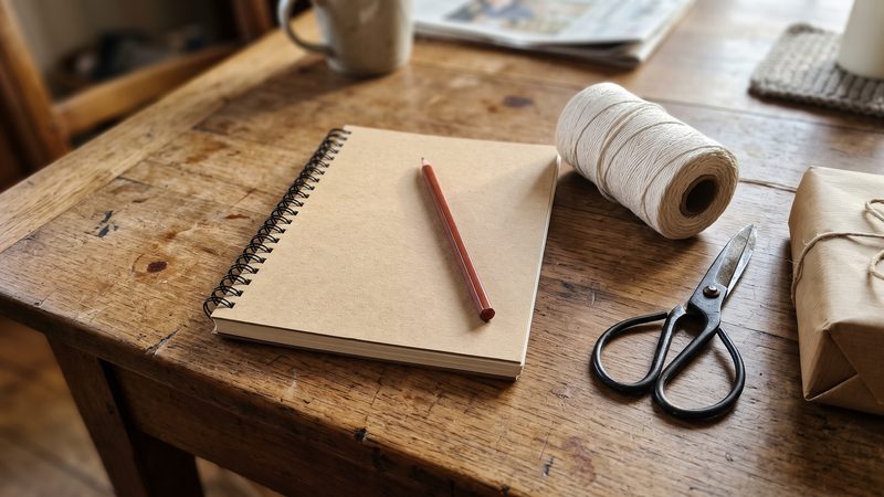 Liste manuscrite sur un carnet à spirale, crayon de couleur et rouleau de ficelle sur une table en bois