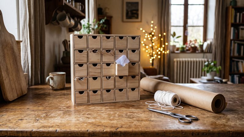 Papier kraft, ficelle et petit calendrier de l'Avent en bois sur une table de cuisine, lumière d'hiver